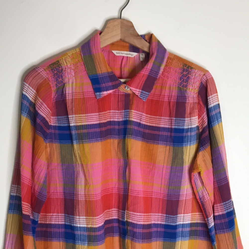 Soft Surroundings plaid gauze top button down textured pink women's size Medium - Picture 2 of 13